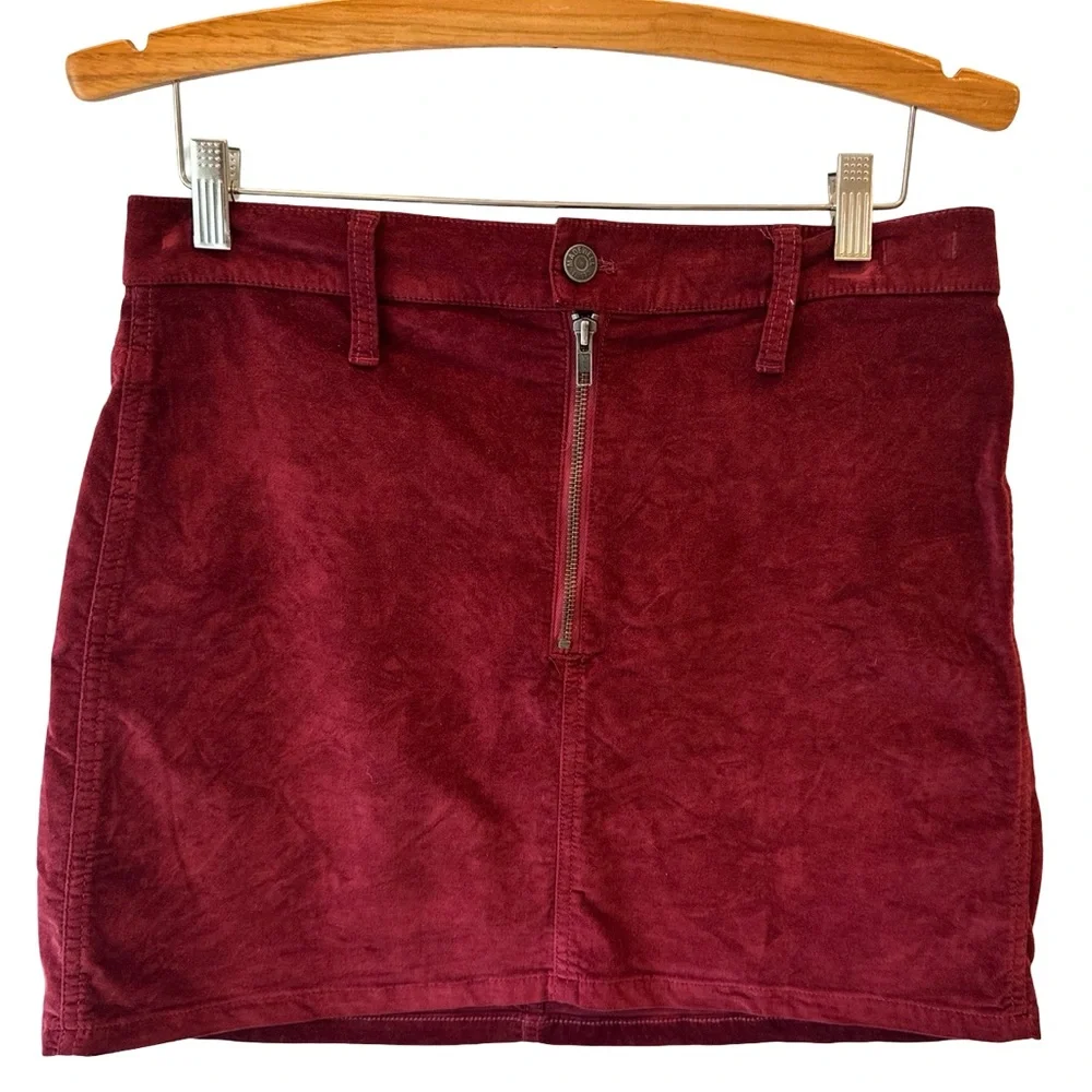 Madewell Stretch Velveteen Straight Zip Mini Skirt Maroon Sz 28 - Picture 2 of 6